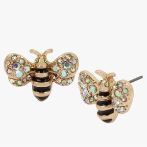 Betsey Johnson Gold Bee Stud Earrings with Iridescent Crystals and Black Stripes